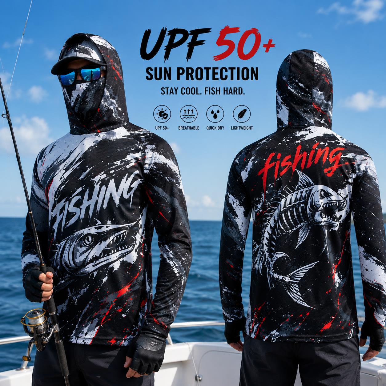 Fishing Hoodie - Herren Angelhemd mit Kapuze, UPF-Sonnenschutz, atmungsaktiv,