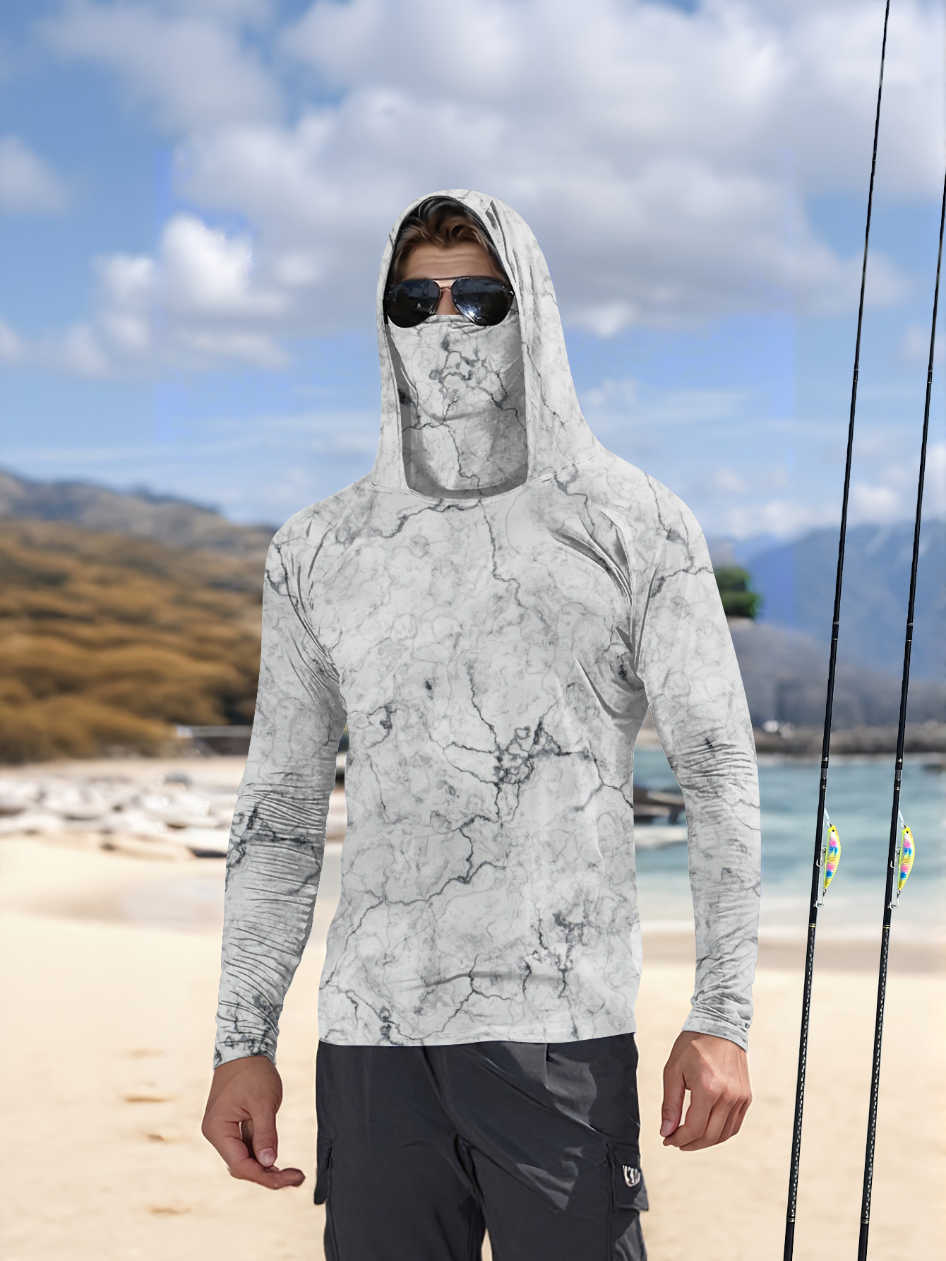 Fishing Shirt Uv Protection - Herren Angelhemd mit Kapuze, Langarm, Angelbekleidung,